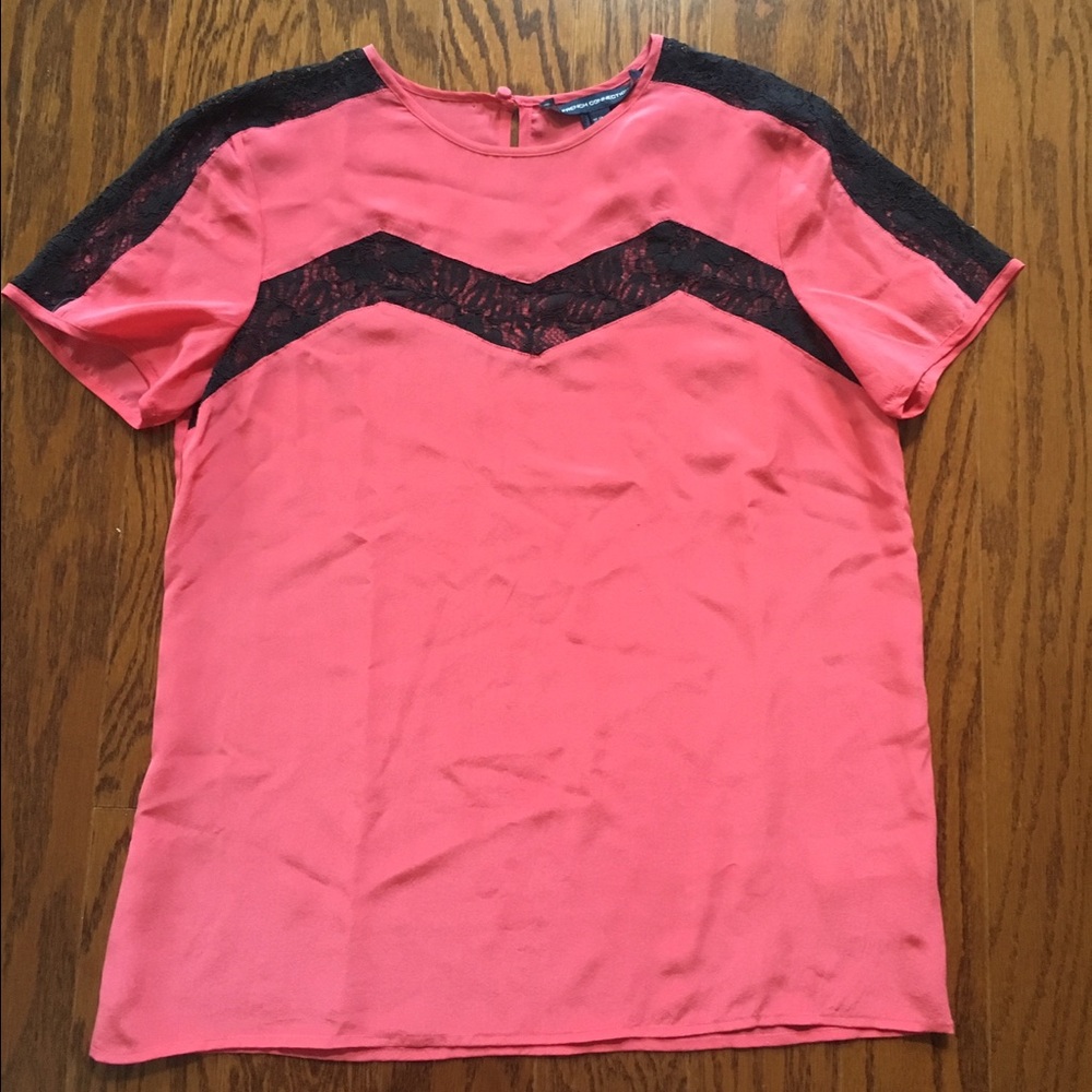 French Connection Pink Top with Black Lace Insets